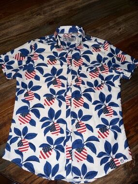 Free Planet Short-Sleeve Button-Up Shirt in White, Blue & Red Flag Fruit Print
